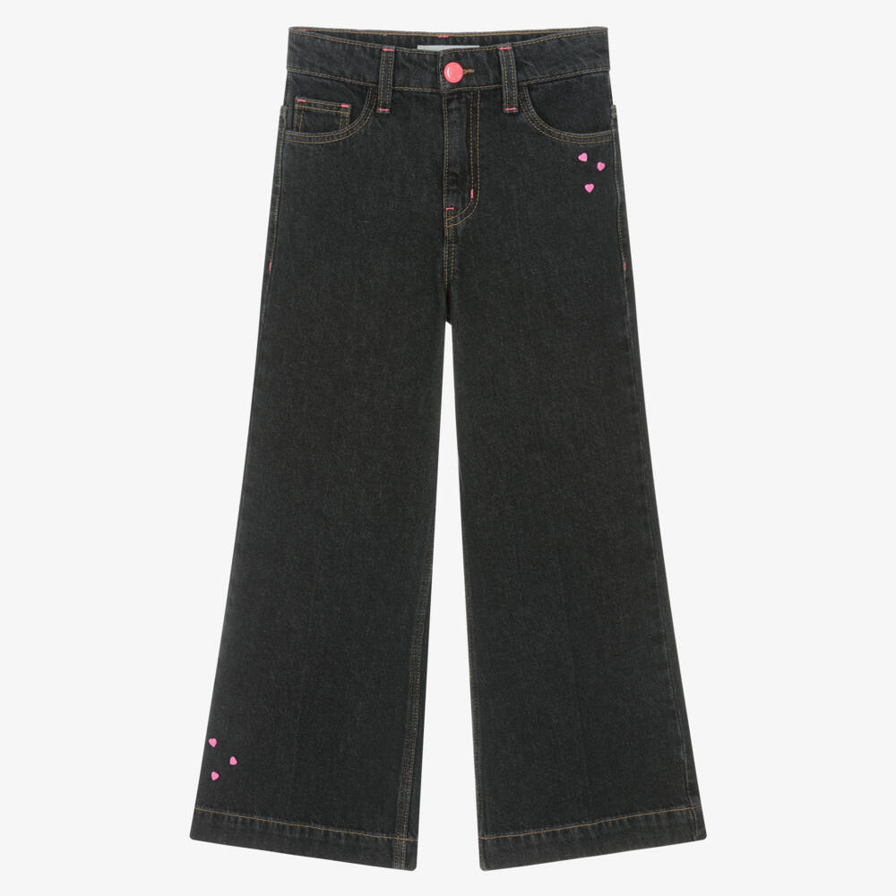Billieblush-Girls Black Denim Wide Leg Jeans with Pink Hearts | Childrensalon
