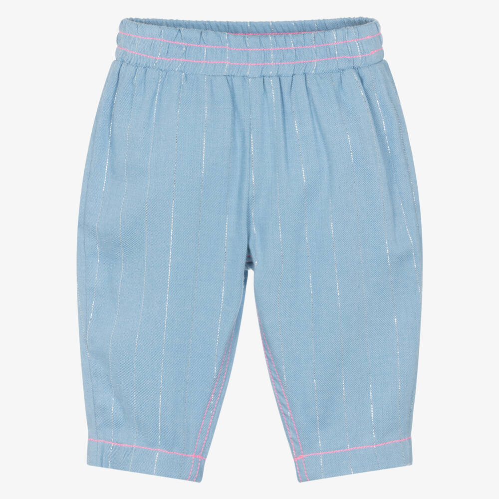 Billieblush-Girls Blue Chambray Trousers with Silver Stripes | Childrensalon