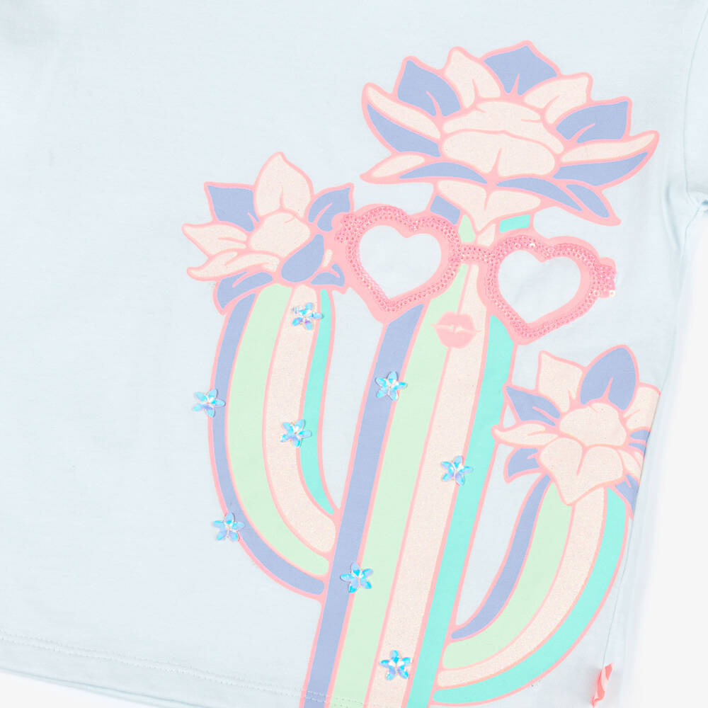 Billieblush-Girls Blue Cotton Catcus Motif T-Shirt | Childrensalon
