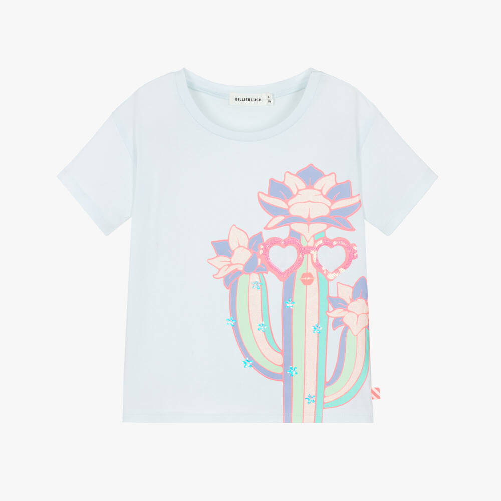 Billieblush-Girls Blue Cotton Catcus Motif T-Shirt | Childrensalon