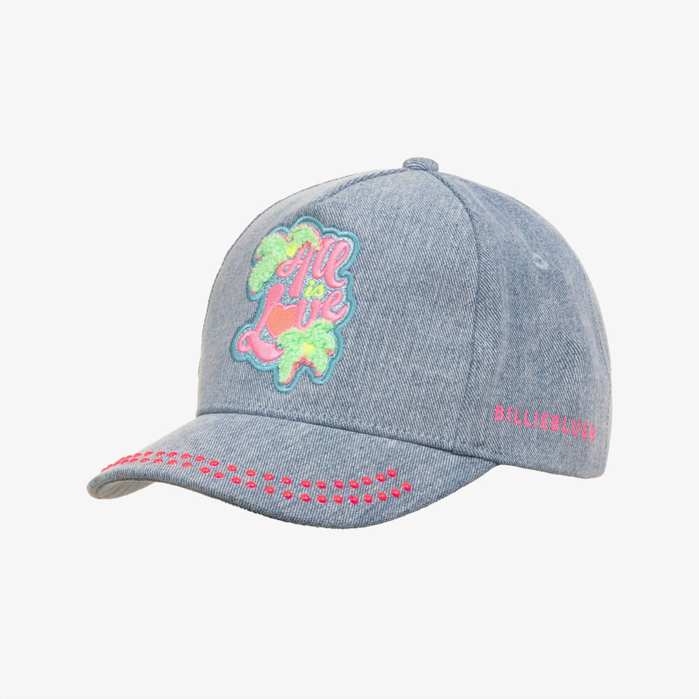 Billieblush-Girls Blue Denim Cap with Bright Pink Studs | Childrensalon