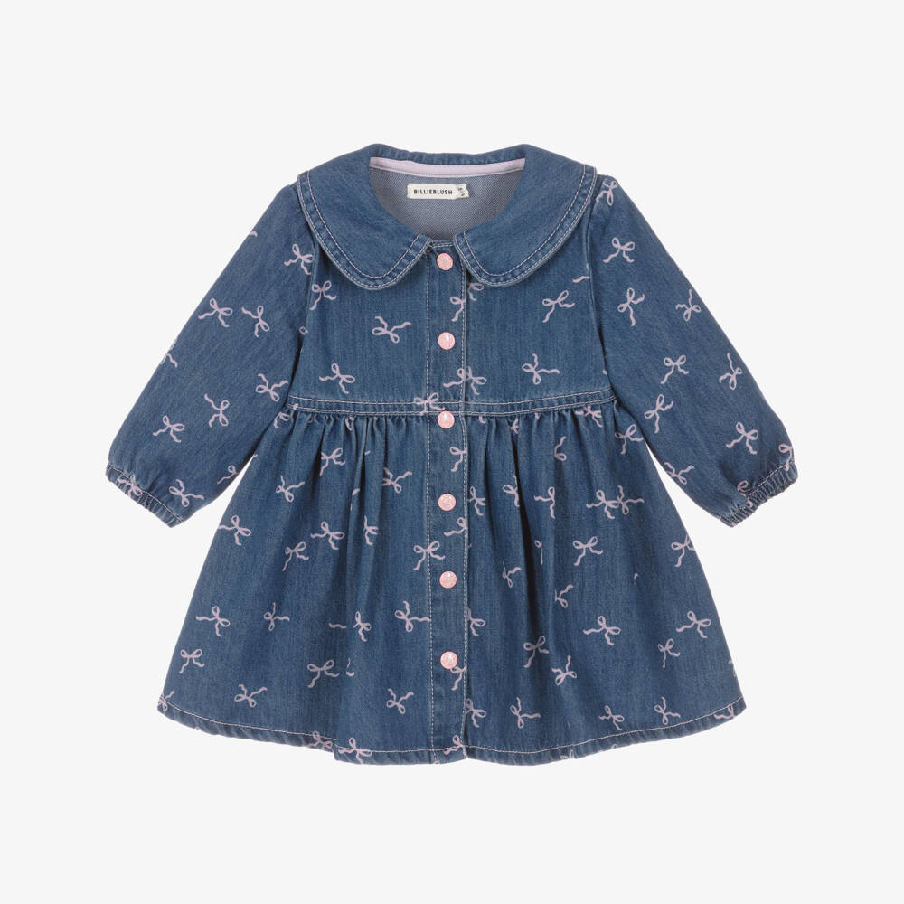 Billieblush-Girls Blue Denim Dress with Pink Bow Prints | Childrensalon