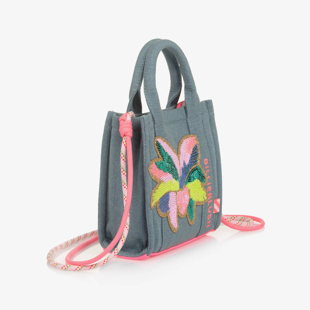 Billieblush-Girls Blue Denim Handbag with Sequinned Flower (15cm) | Childrensalon