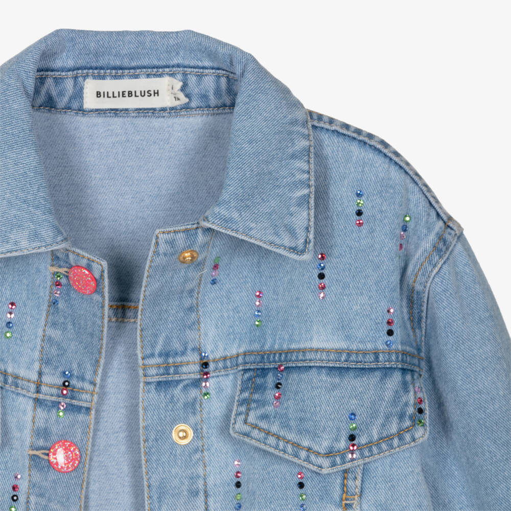 Billieblush-Girls Blue Denim Jacket with Colourful Rhinestones | Childrensalon