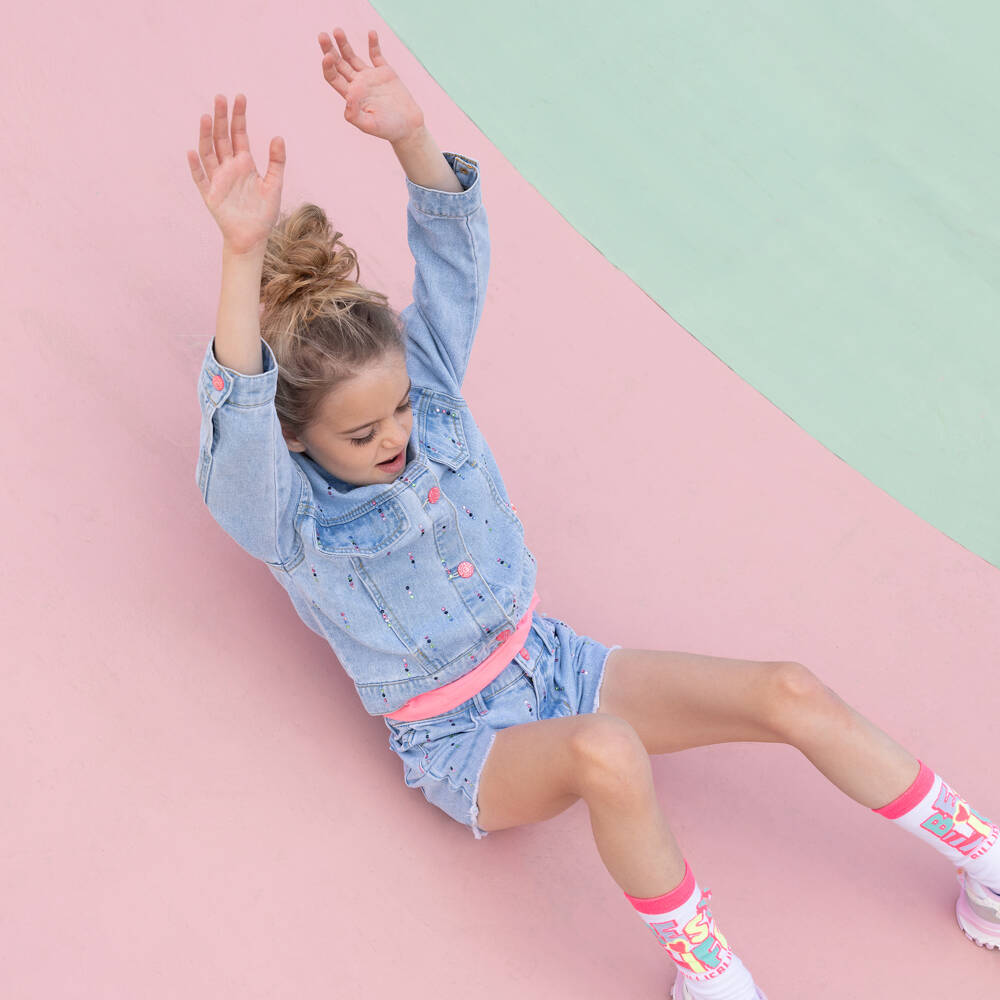 Billieblush-جاكيت دنيم مزين بأحجار الراين لون أزرق للبنات | Childrensalon