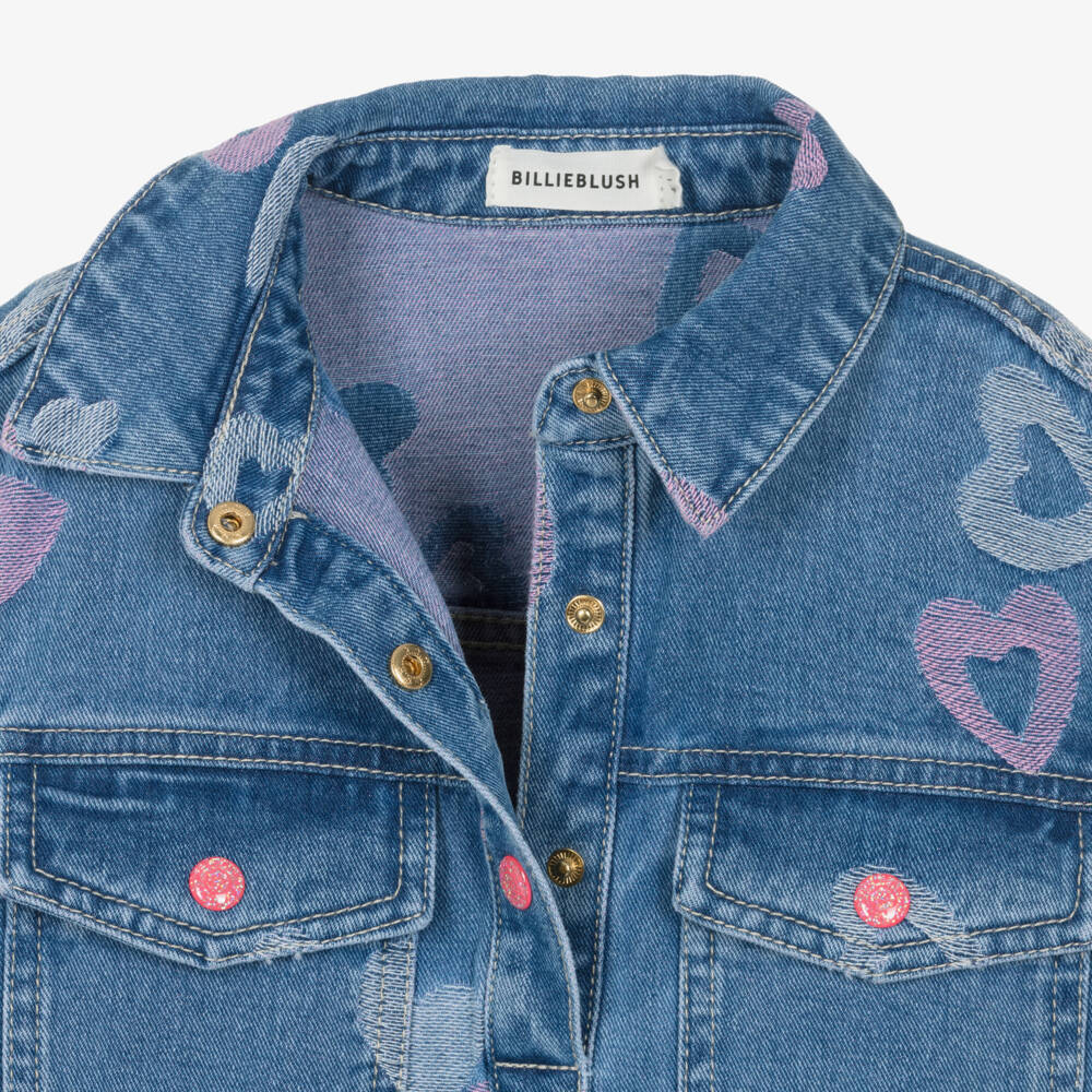 Billieblush-Girls Blue Denim Jacquard Dress with Pink Hearts | Childrensalon
