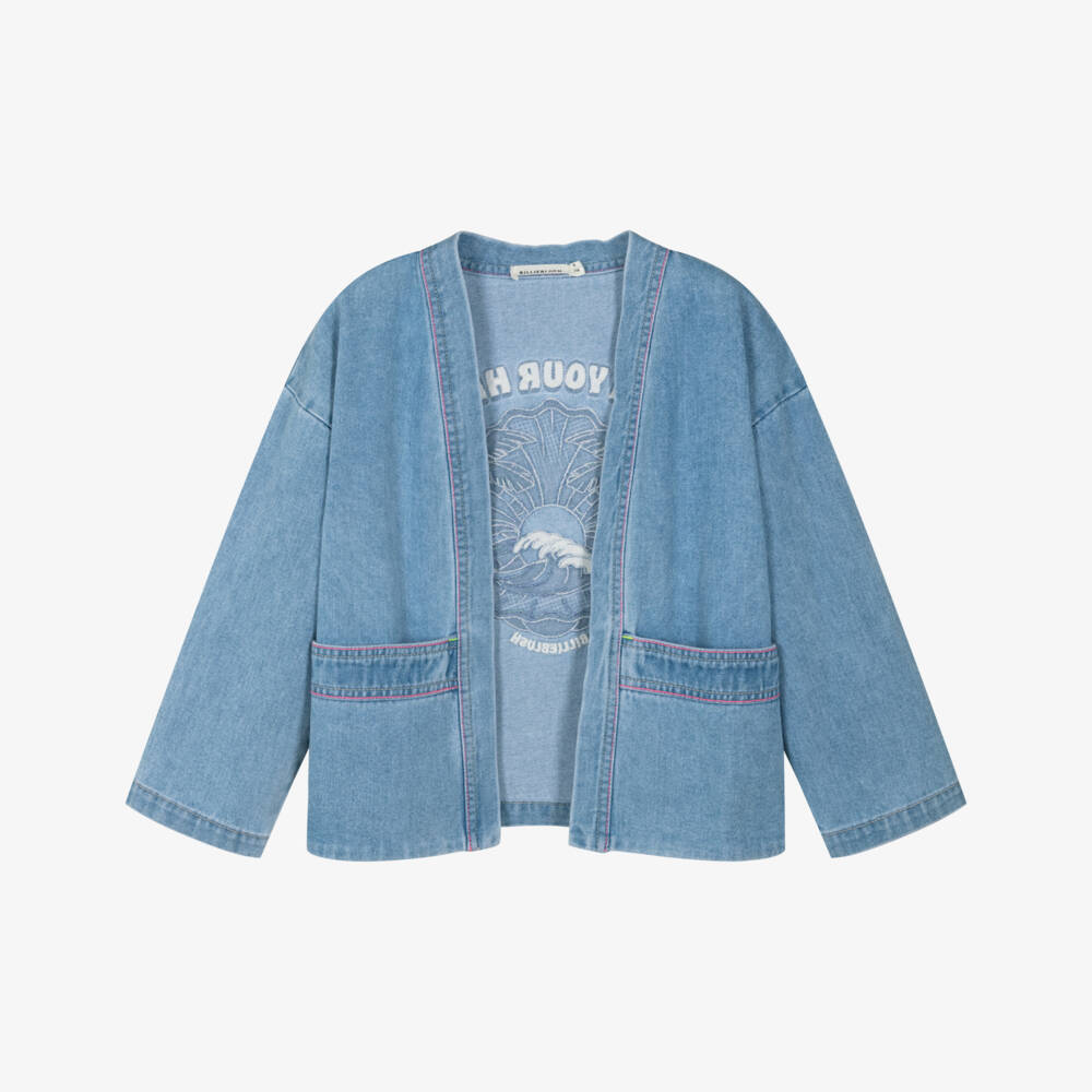 Billieblush-Джинсовая куртка кимоно синяя с логотипом для девочек  | Childrensalon
