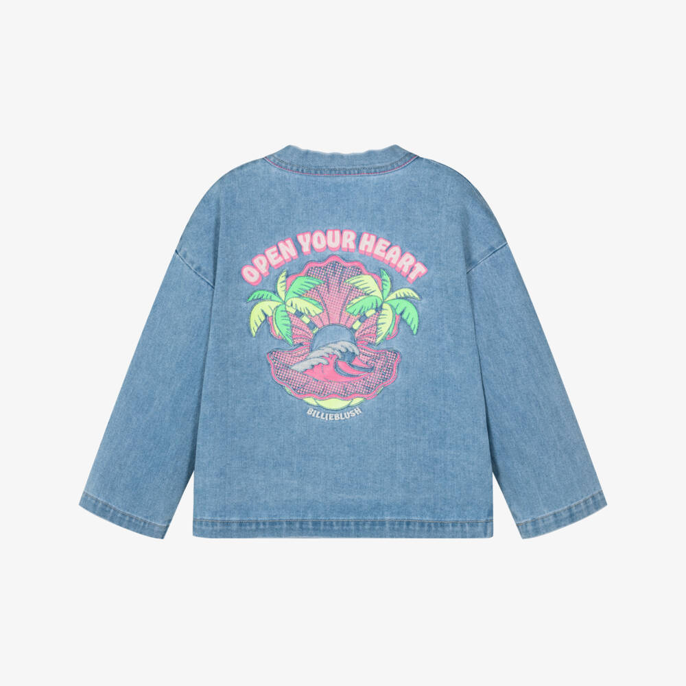 Billieblush-Girls Blue Denim Kimono Logo Jacket with Embroidered Shell | Childrensalon