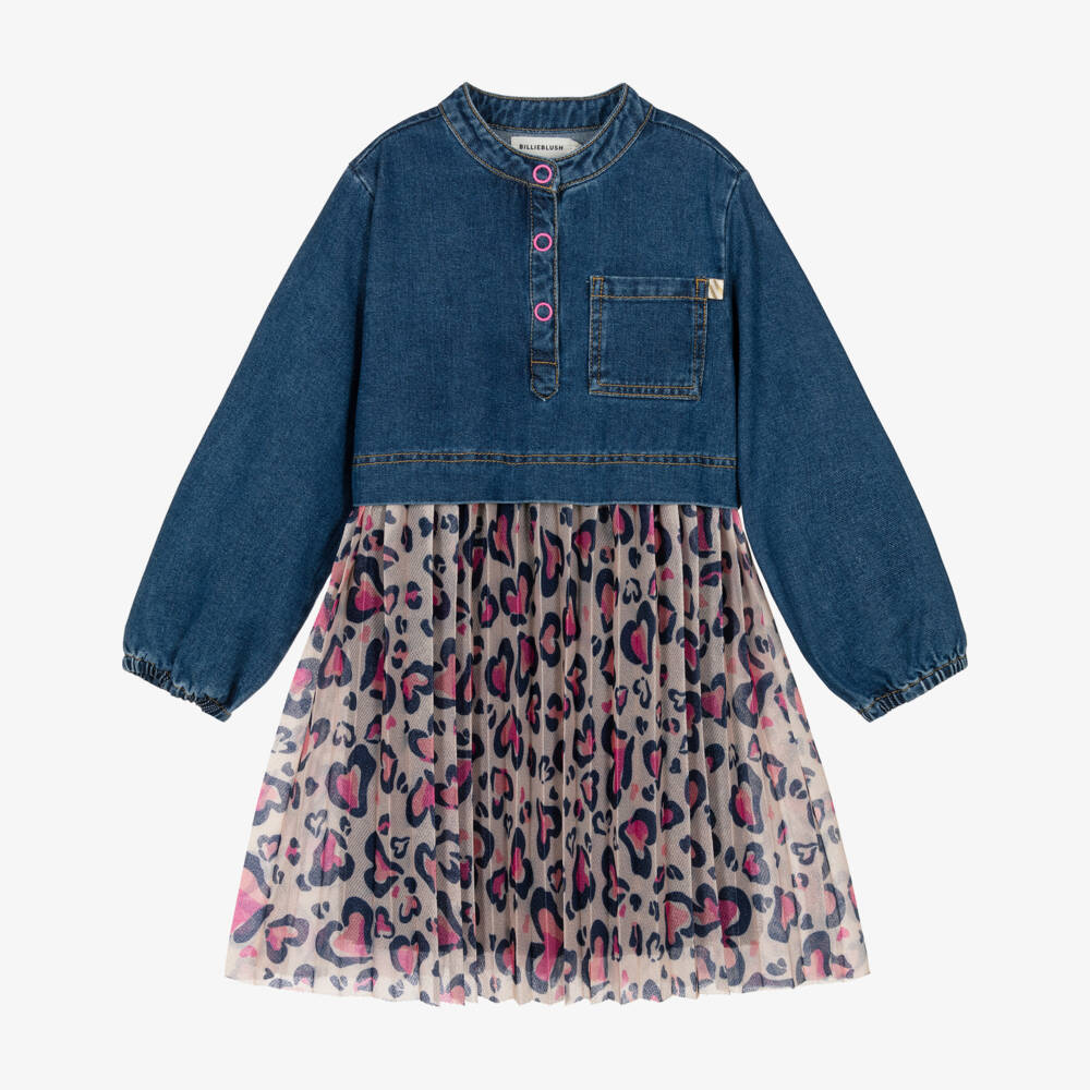 Billieblush-Girls Blue Denim & Pink Leopard Hearts Dress | Childrensalon