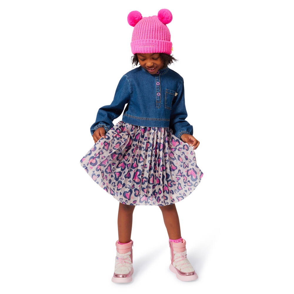 Billieblush-Girls Blue Denim & Pink Leopard Hearts Dress | Childrensalon