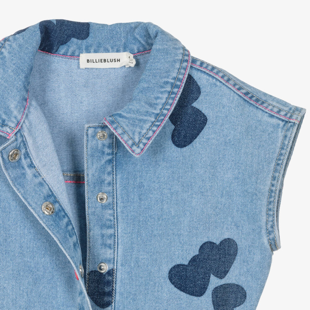 Billieblush-Girls Blue Denim Playsuit with Heart Motifs | Childrensalon