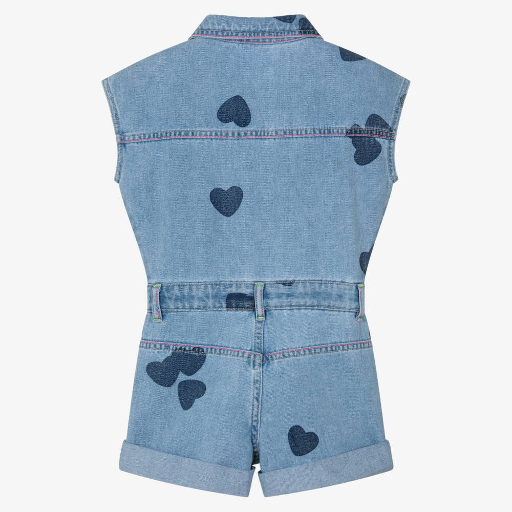 Billieblush-Girls Blue Denim Playsuit with Heart Motifs | Childrensalon