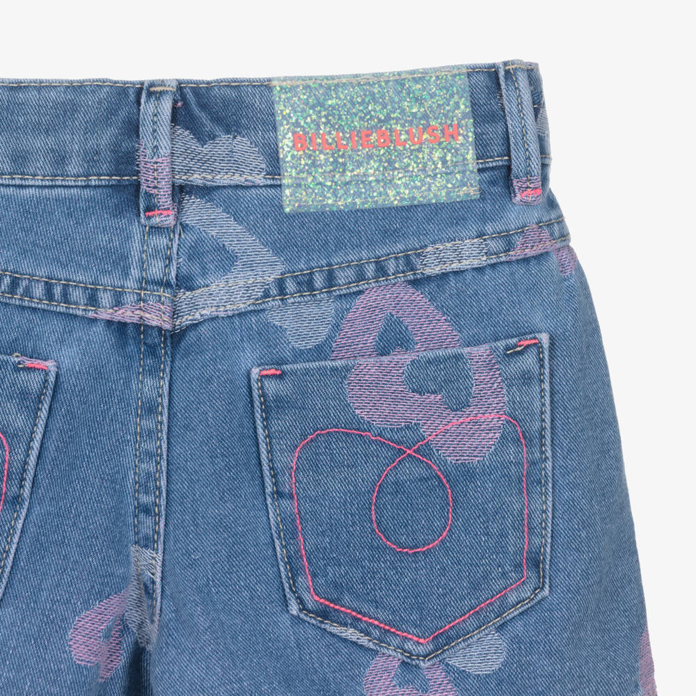 Billieblush-Girls Blue Denim Shorts with Pink Hearts | Childrensalon