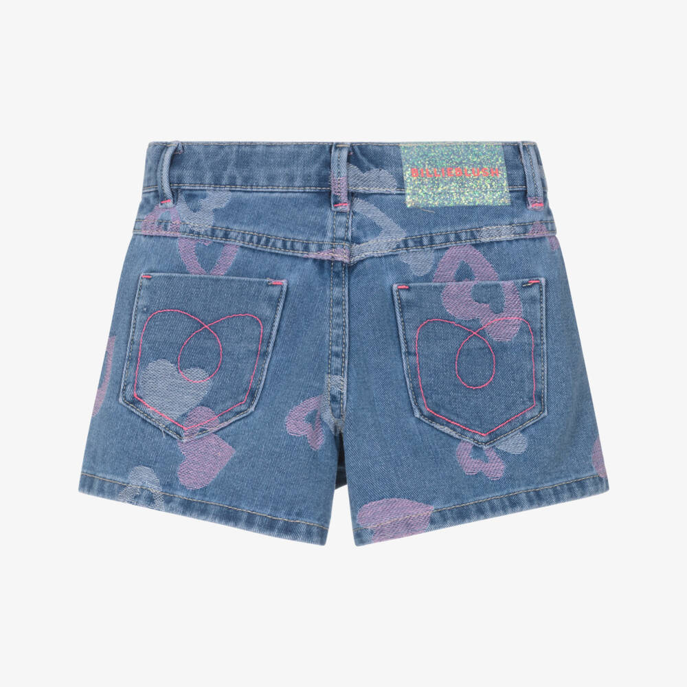 Billieblush-Girls Blue Denim Shorts with Pink Hearts | Childrensalon