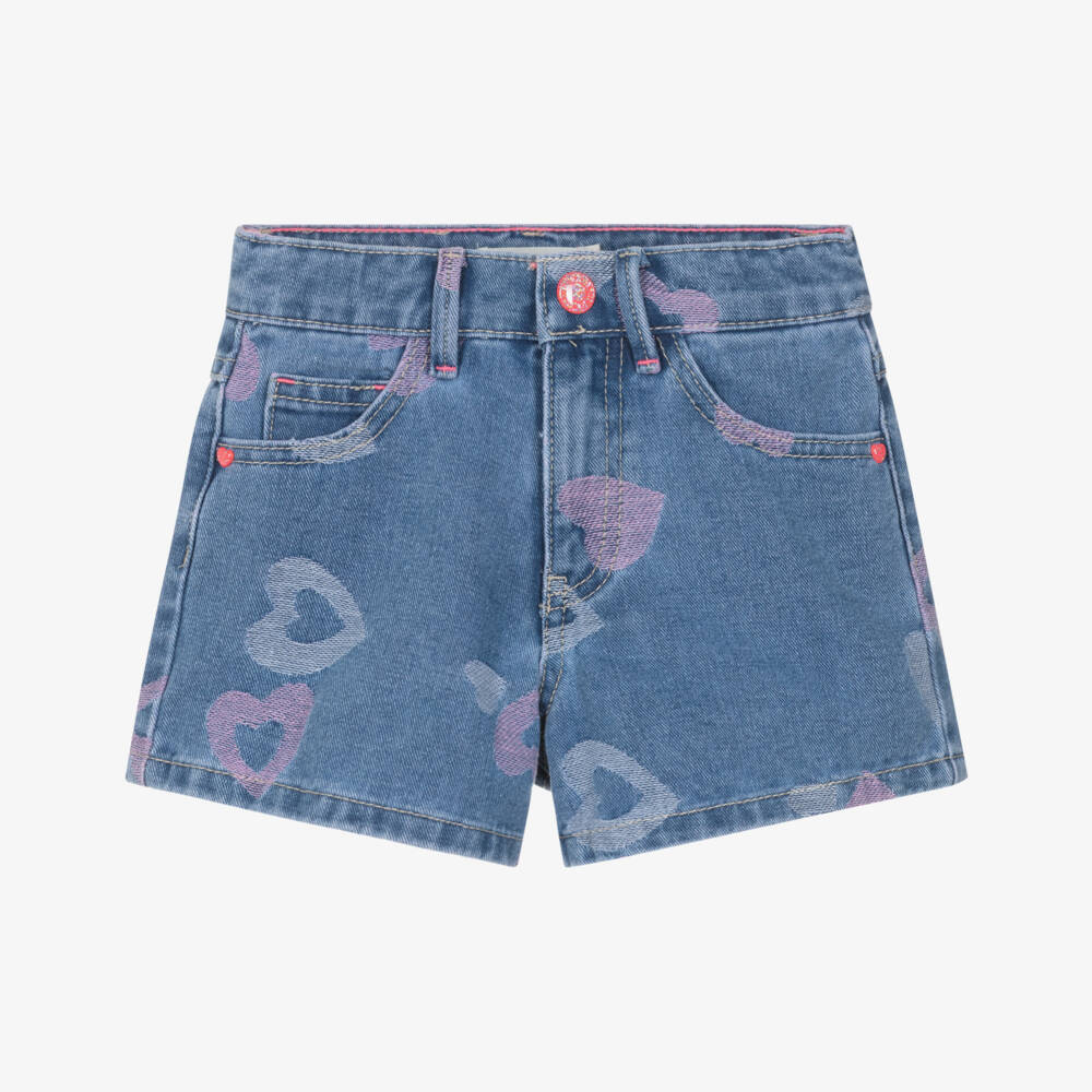 Billieblush-Girls Blue Denim Shorts with Pink Hearts | Childrensalon