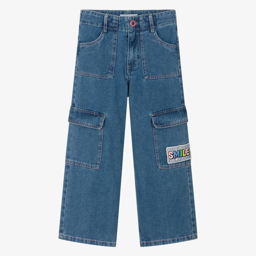 Billieblush-Girls Blue Denim Wide-Leg Cargo Jeans | Childrensalon
