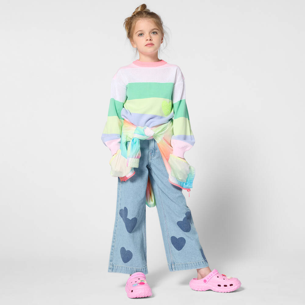 Billieblush-Girls Blue Denim Wide-Leg Jeans with Heart Motifs | Childrensalon