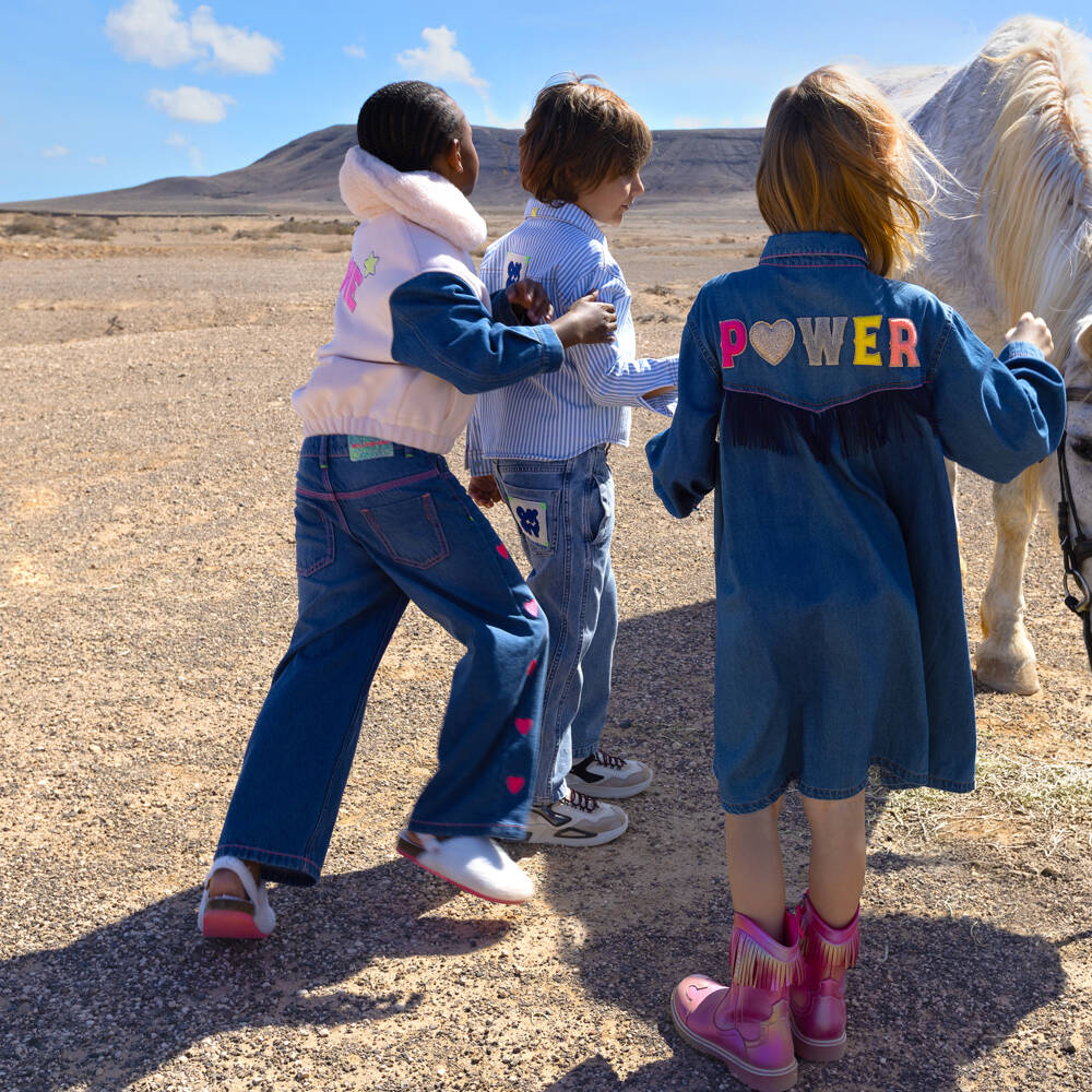 Billieblush-Girls Blue Denim Wide-Leg Jeans with Pink Embroidered Hearts | Childrensalon