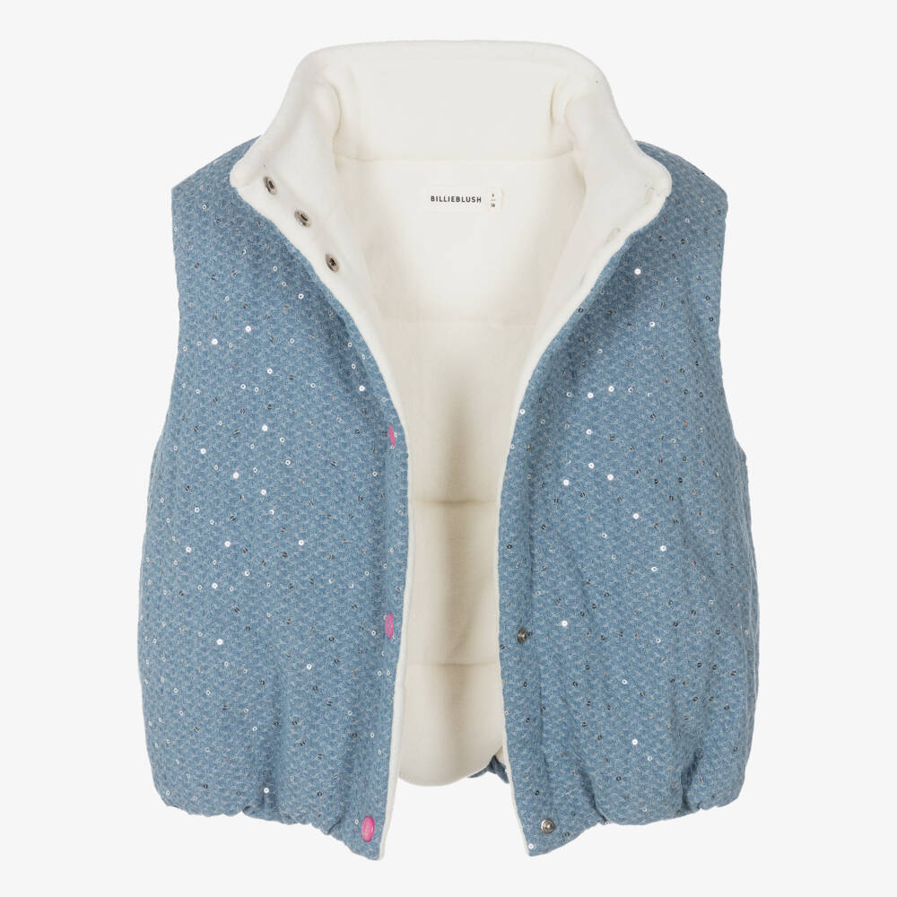 Billieblush-Girls Blue Jacquard Denim Sequinned Gilet | Childrensalon