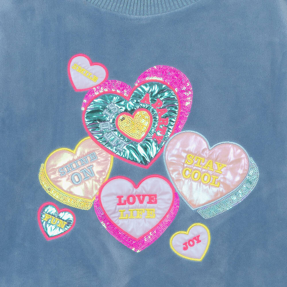 Billieblush-Girls Blue Sequin Heart Velour Sweatshirt | Childrensalon