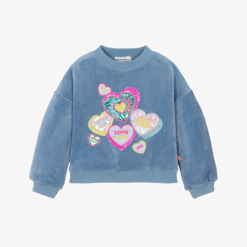 Billieblush-Girls Blue Sequin Heart Velour Sweatshirt | Childrensalon