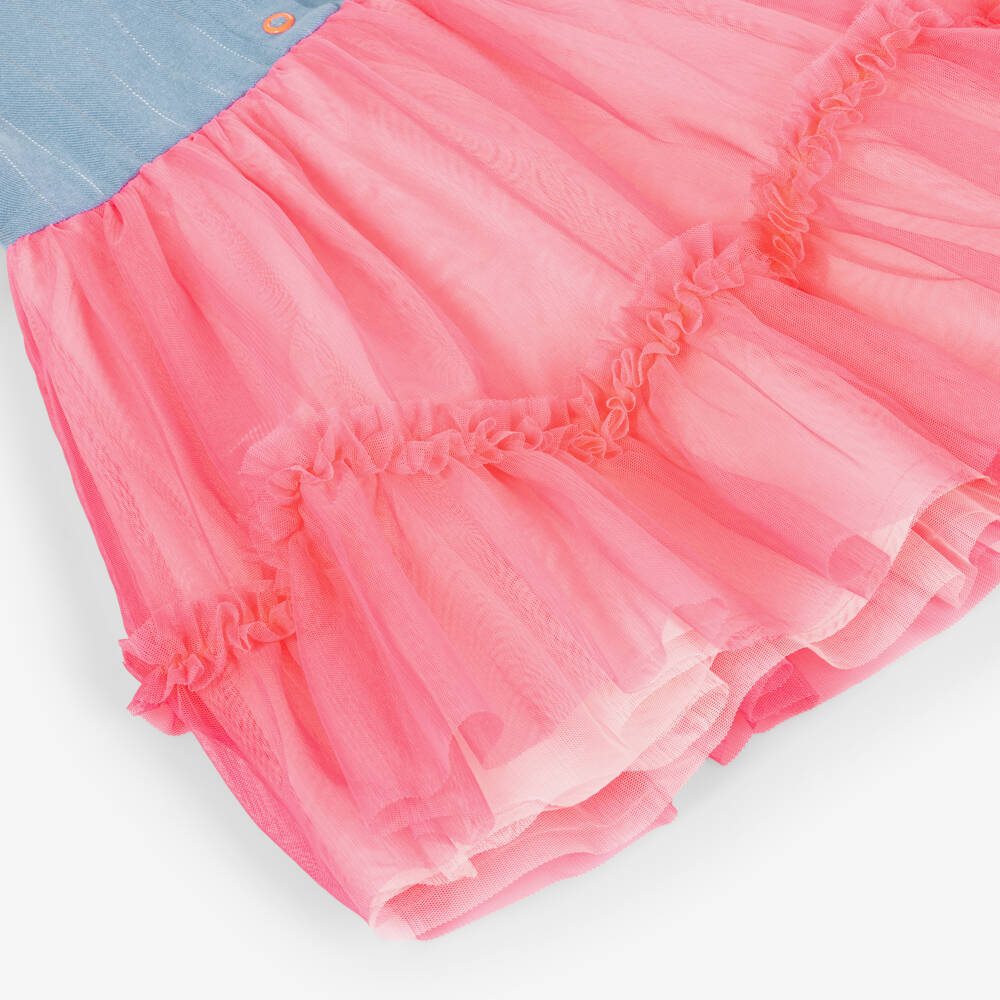 Billieblush-Girls Blue Twill & Pink Tulle Dress | Childrensalon