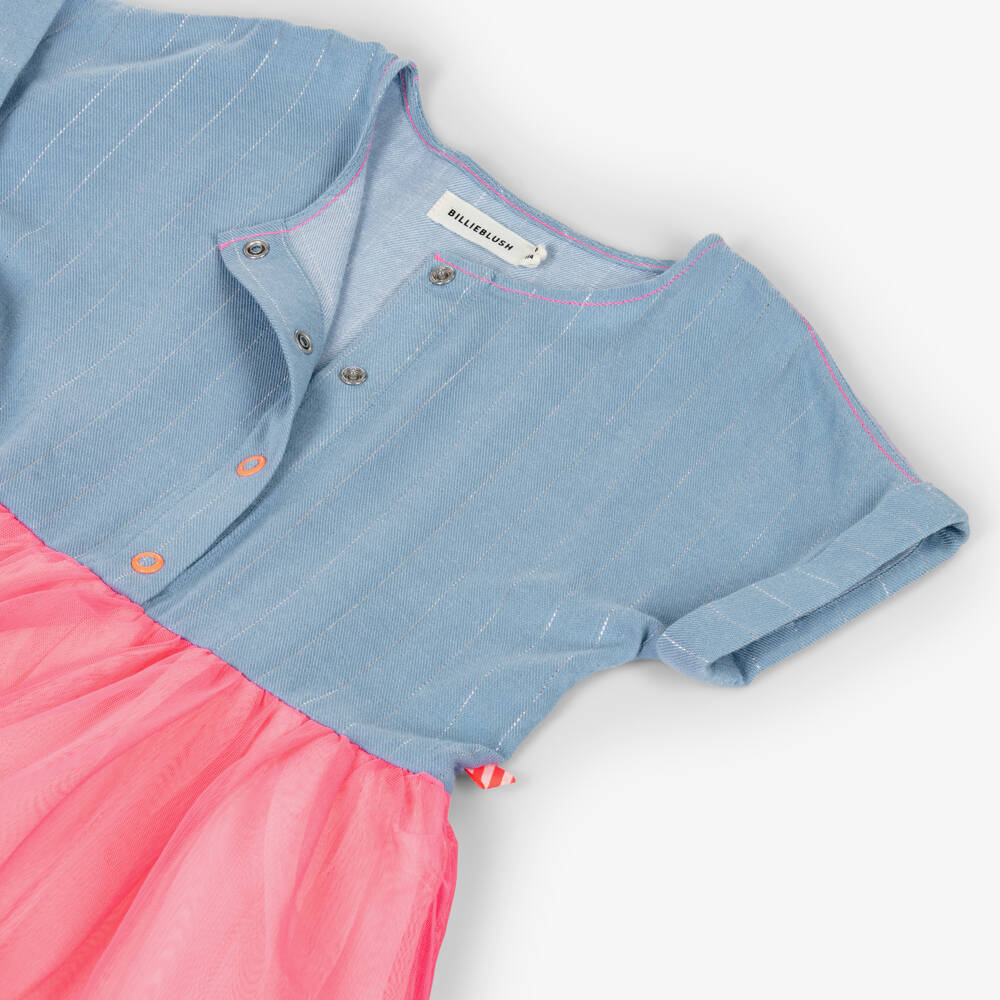 Billieblush-Girls Blue Twill & Pink Tulle Dress | Childrensalon