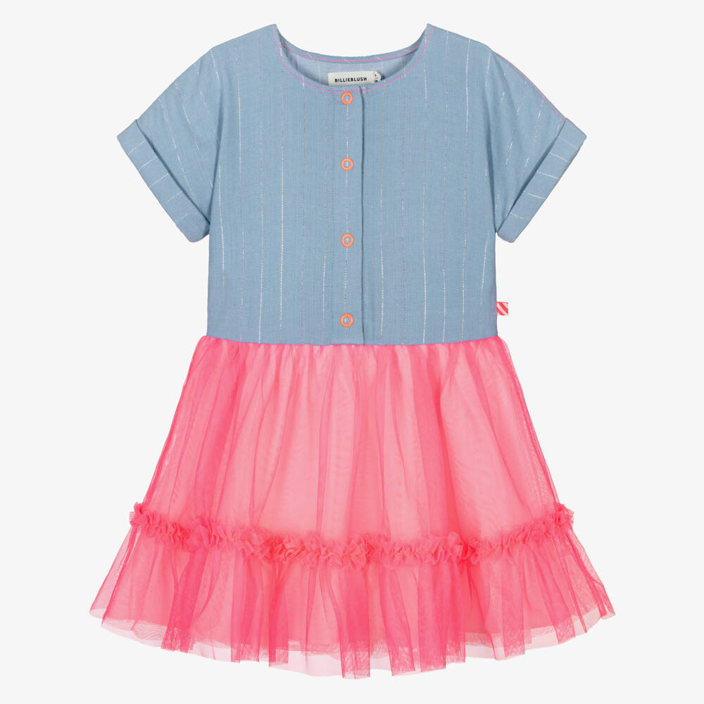 Billieblush-Girls Blue Twill & Pink Tulle Dress | Childrensalon