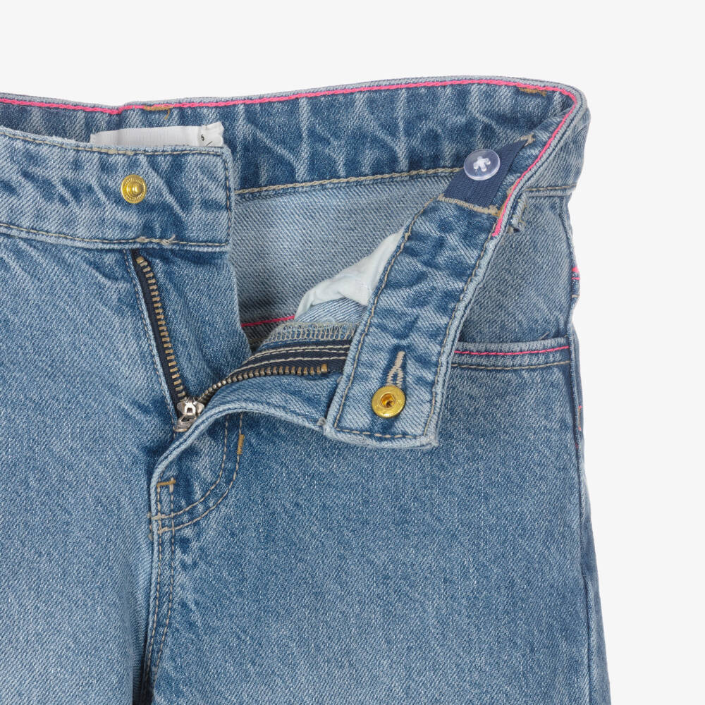 Billieblush-Girls Blue Wide Leg Jeans with Sparkly Neon Hearts | Childrensalon