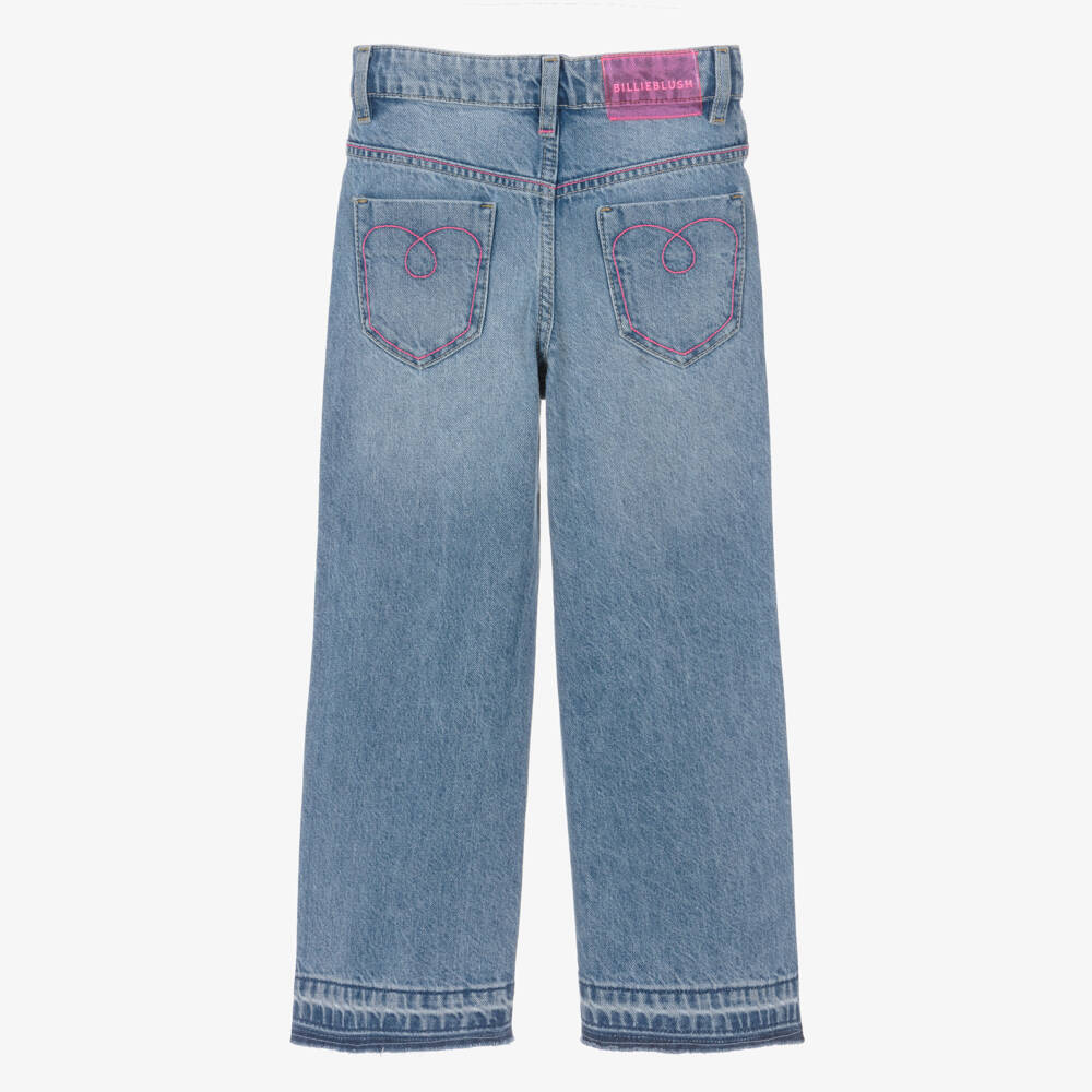 Billieblush-Girls Blue Wide Leg Jeans with Sparkly Neon Hearts | Childrensalon