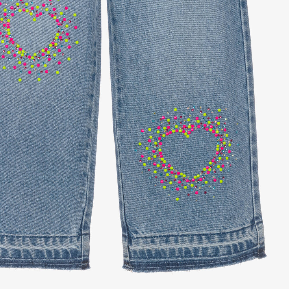Billieblush-Girls Blue Wide Leg Jeans with Sparkly Neon Hearts | Childrensalon