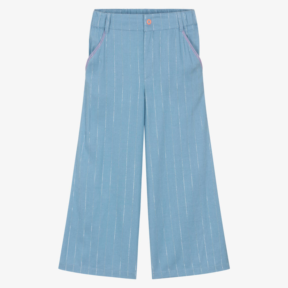 Billieblush-Girls Blue Wide Leg Twill Trousers with Silver Stripes | Childrensalon