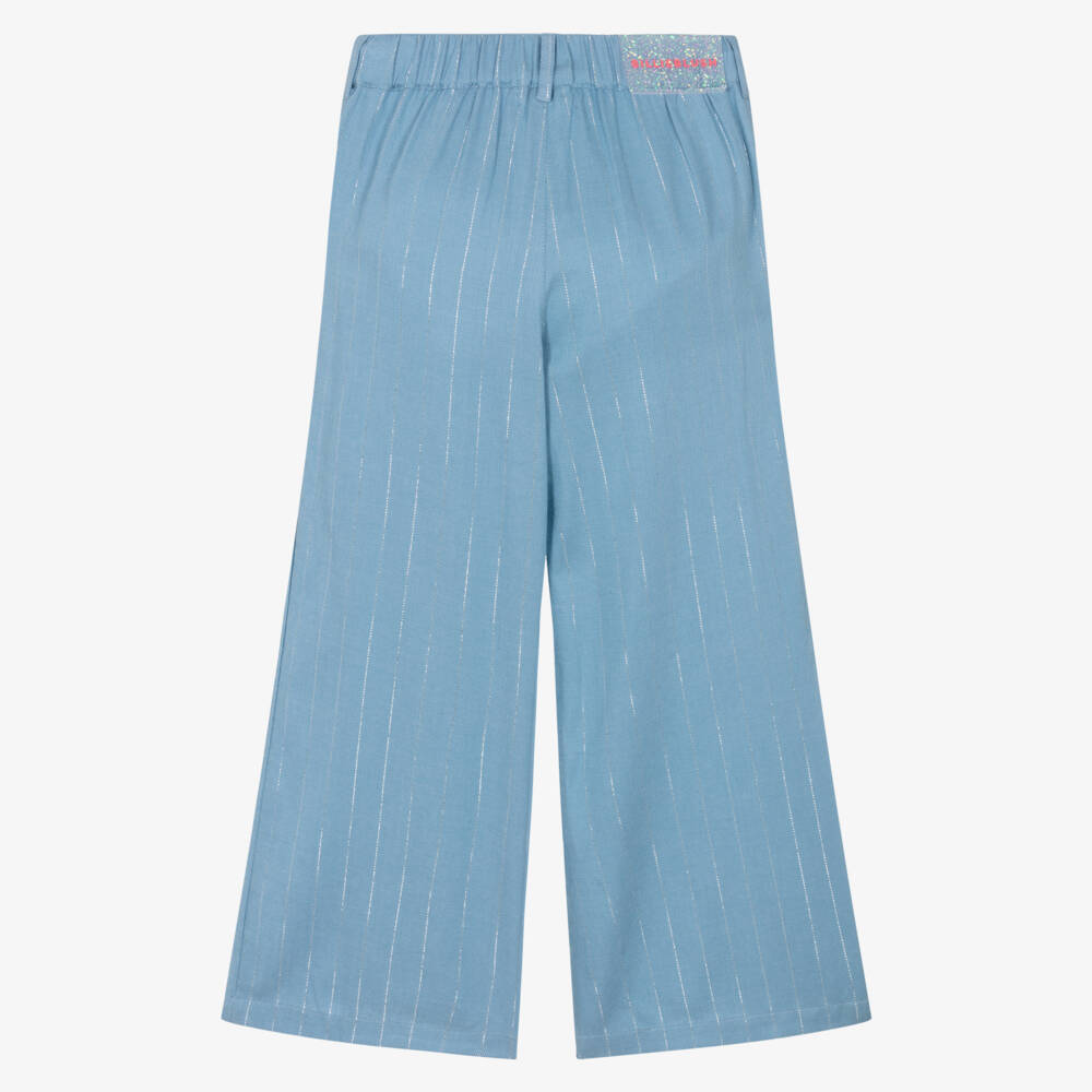 Billieblush-Girls Blue Wide Leg Twill Trousers with Silver Stripes | Childrensalon
