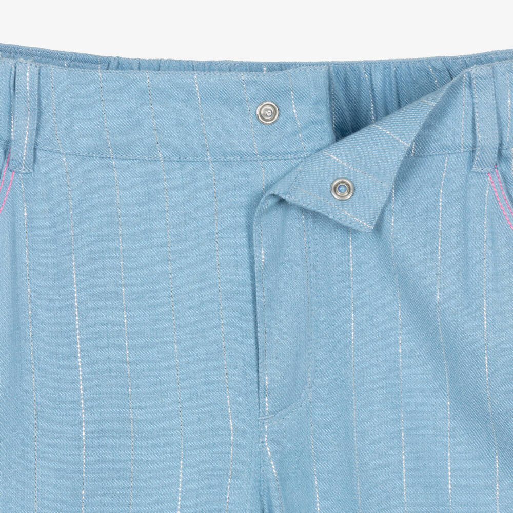 Billieblush-Girls Blue Wide Leg Twill Trousers with Silver Stripes | Childrensalon