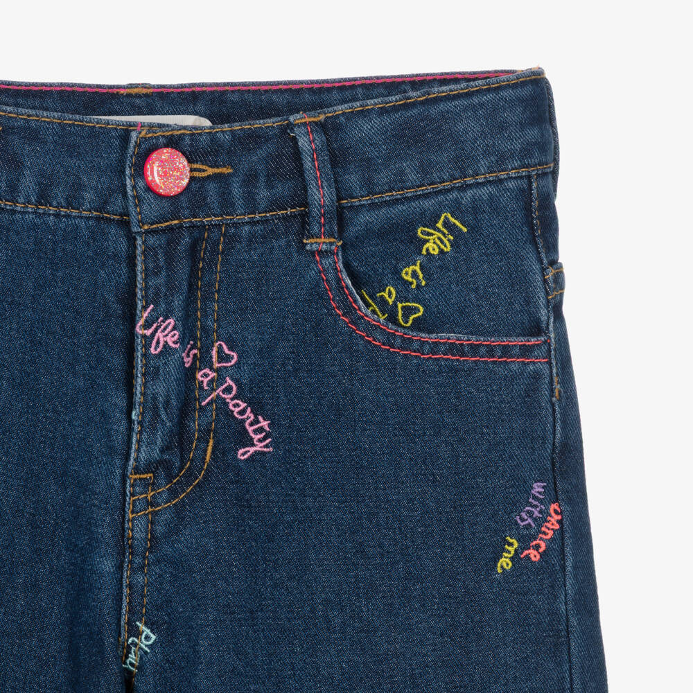 Billieblush-Girls Dark Blue Denim Jeans with Embroidered Slogans | Childrensalon