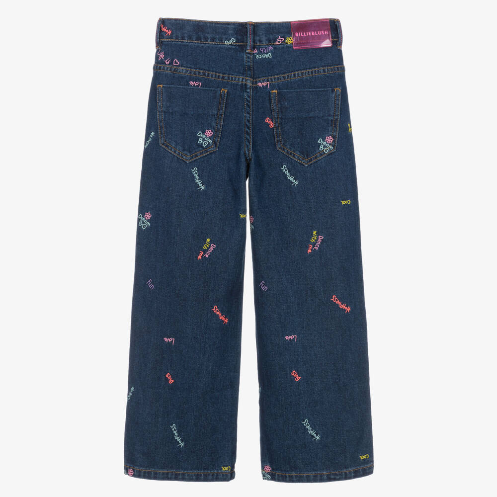 Billieblush-Girls Dark Blue Denim Jeans with Embroidered Slogans | Childrensalon