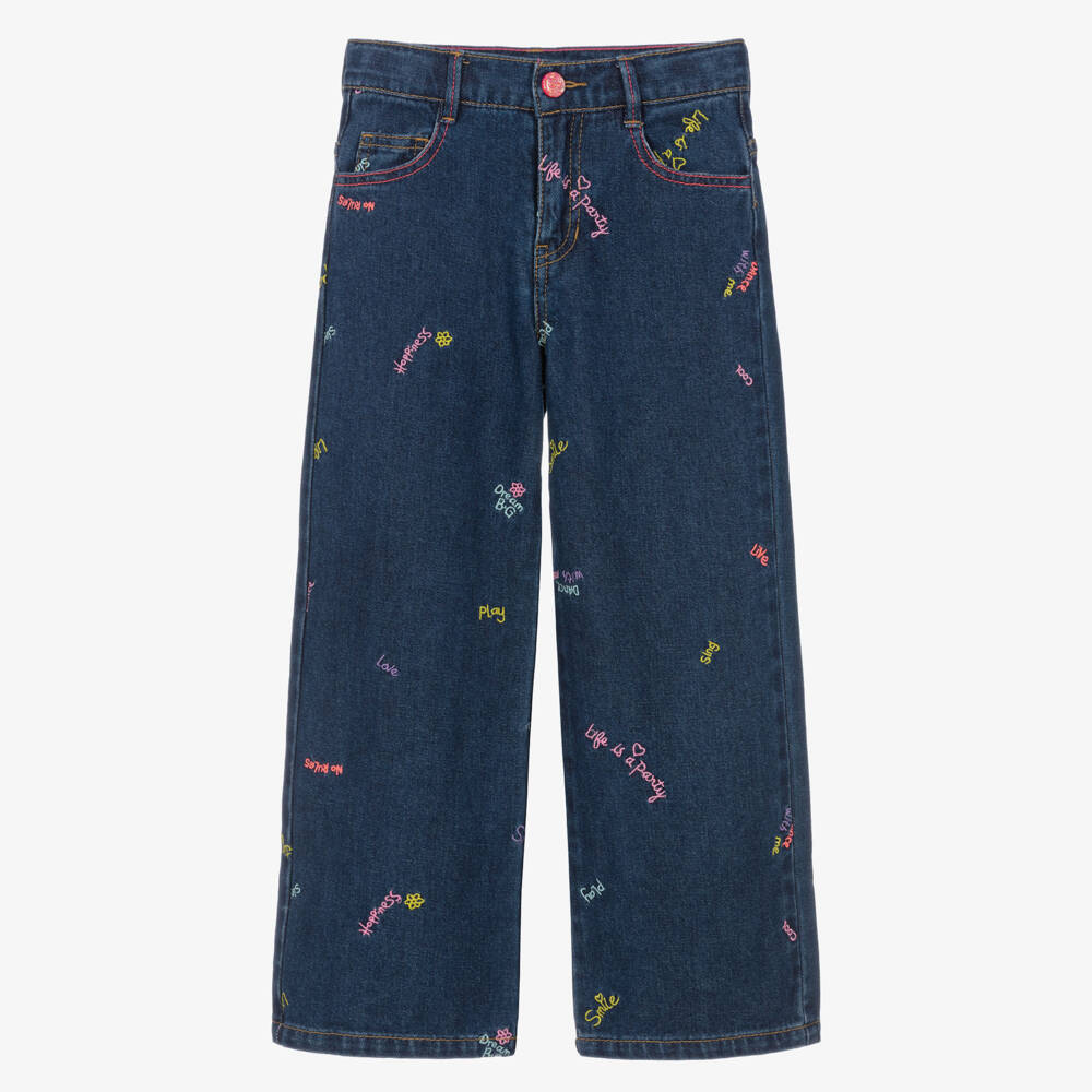 Billieblush-Girls Dark Blue Denim Jeans with Embroidered Slogans | Childrensalon