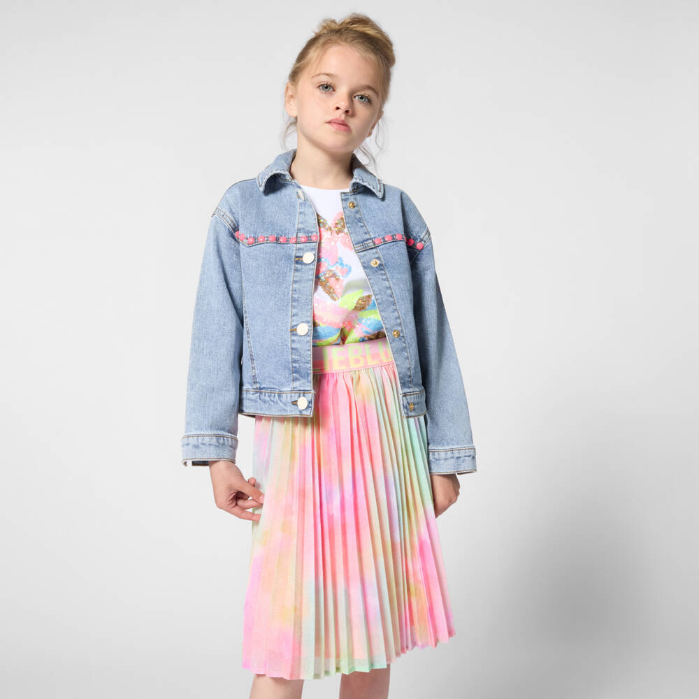 Billieblush-Girls Glittery Pink Multicolour Pleated Logo Skirt | Childrensalon