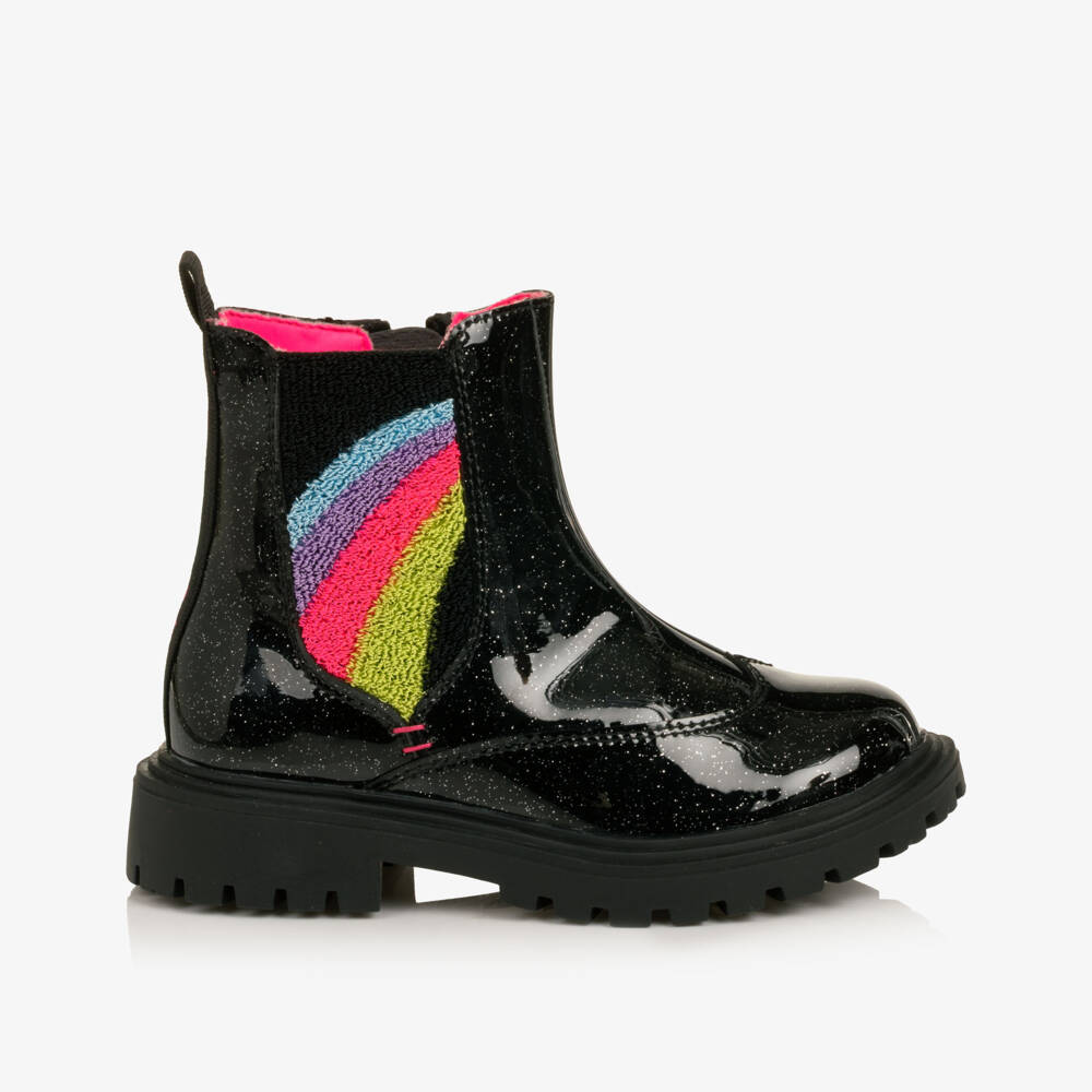 Billieblush-Girls Glossy Black Boots with Rainbow Trims | Childrensalon