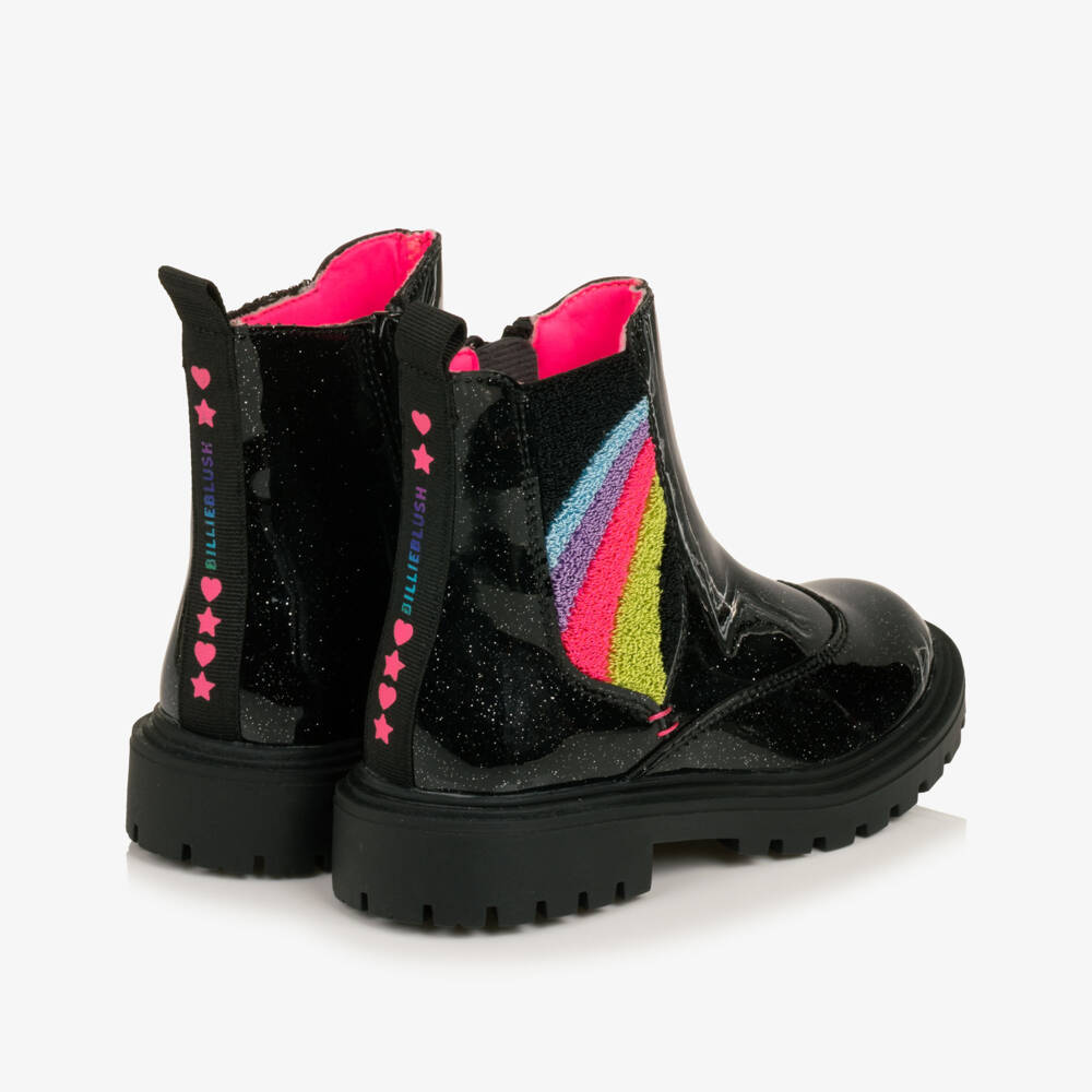 Billieblush-Girls Glossy Black Boots with Rainbow Trims | Childrensalon