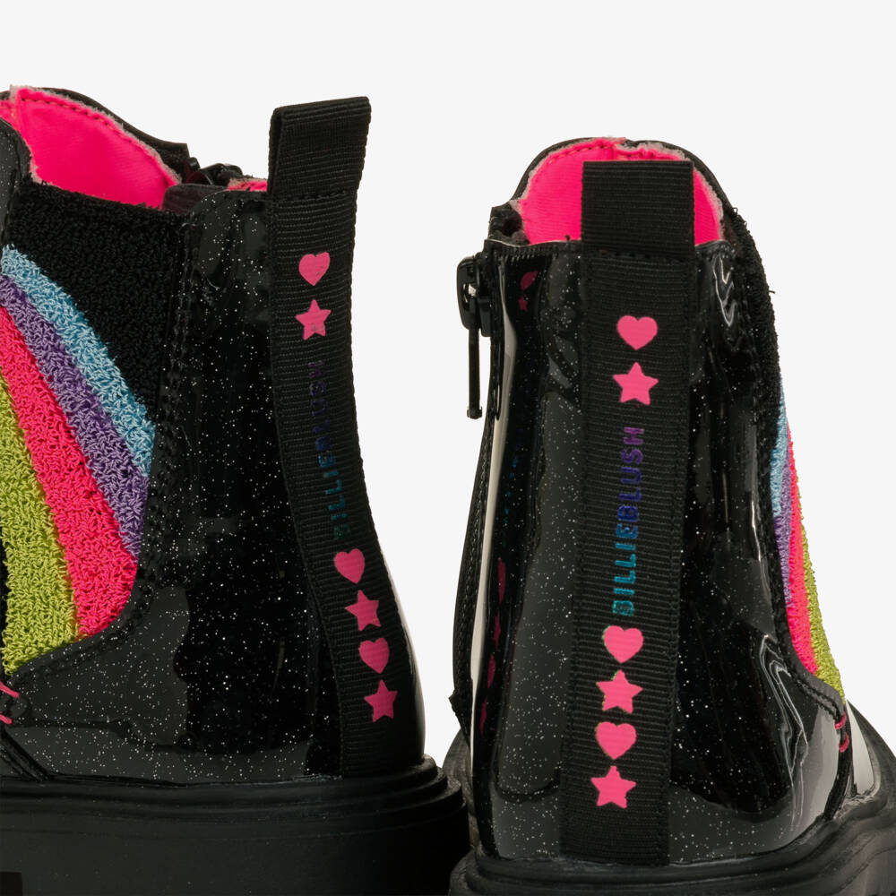 Billieblush-Girls Glossy Black Boots with Rainbow Trims | Childrensalon