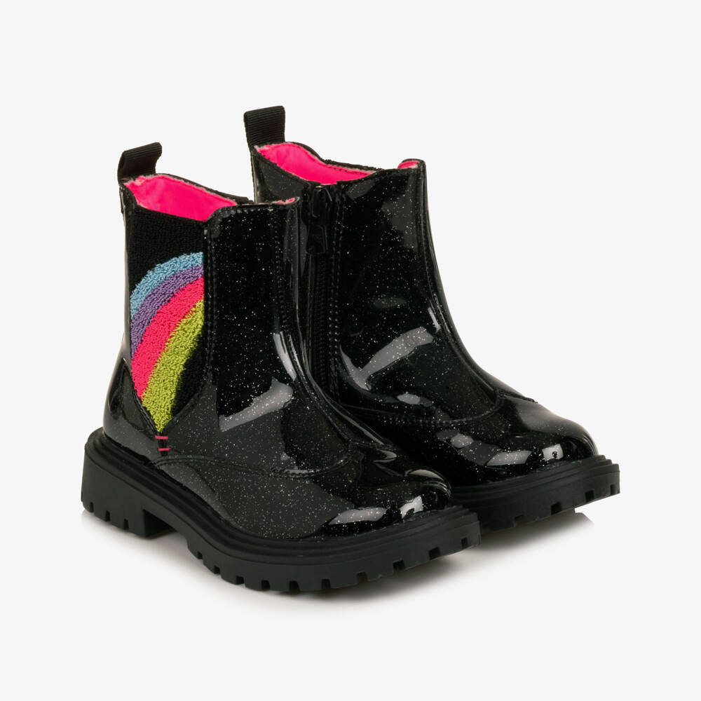 Billieblush-Girls Glossy Black Boots with Rainbow Trims | Childrensalon