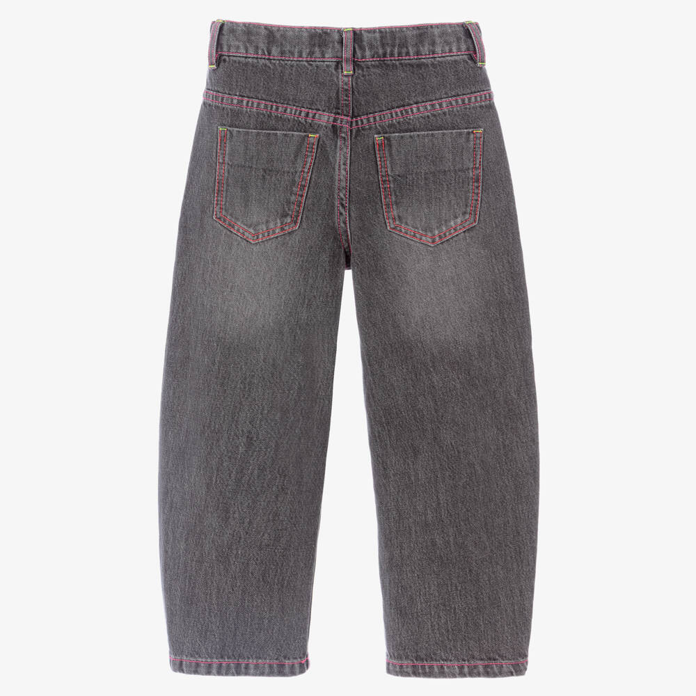 Billieblush-Girls Grey Barrel Leg Jeans with Pink Overstitch | Childrensalon