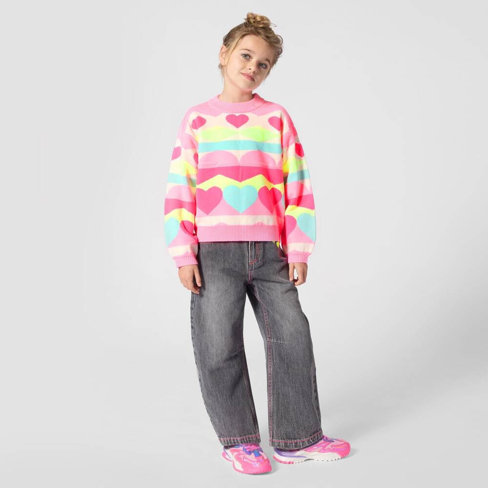Billieblush-Girls Grey Barrel Leg Jeans with Pink Overstitch | Childrensalon