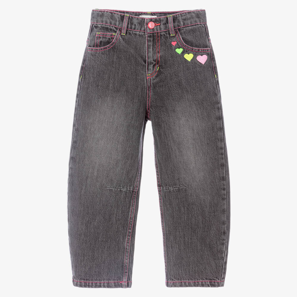 Billieblush-Girls Grey Barrel Leg Jeans with Pink Overstitch | Childrensalon