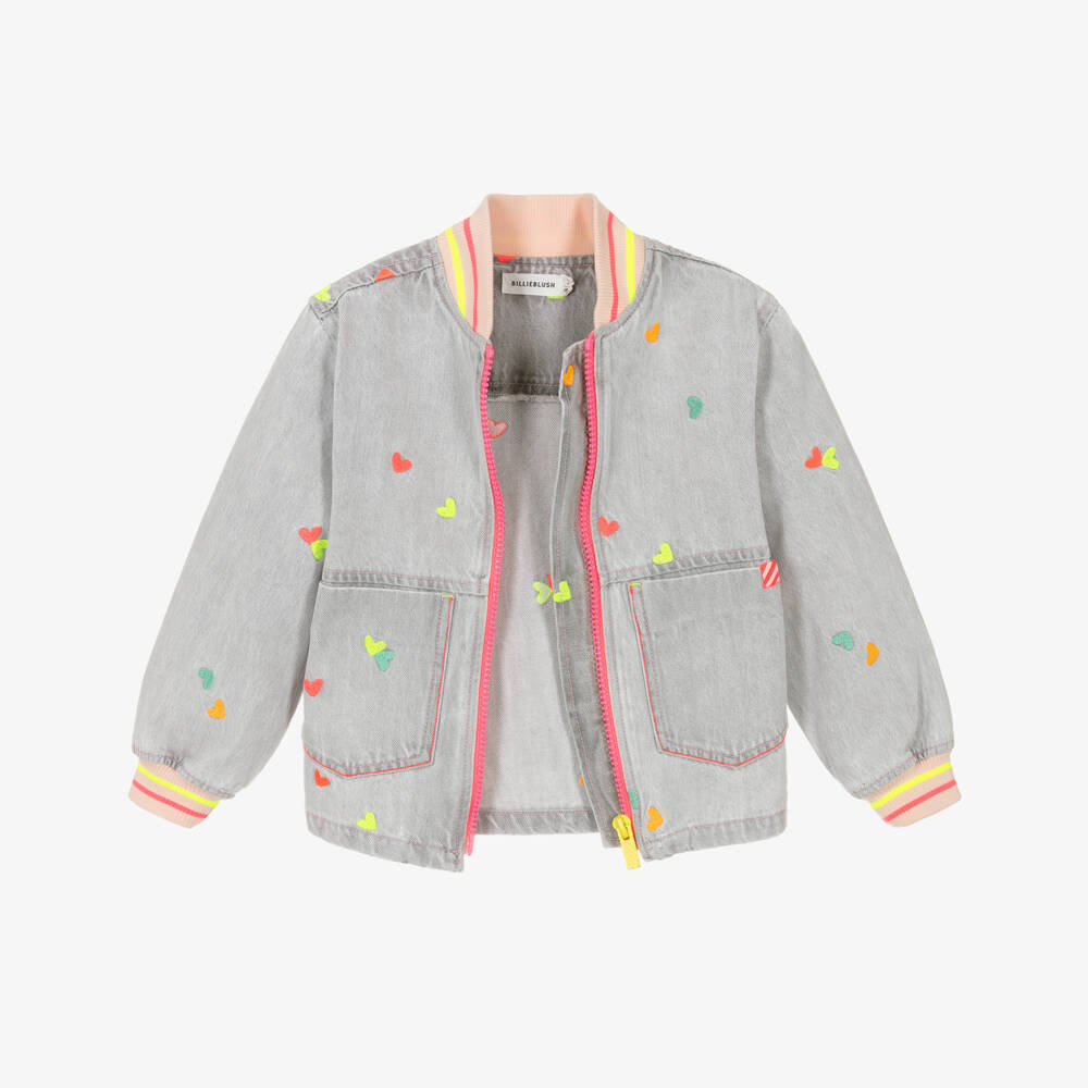 Billieblush-Girls Grey Bomber Jacket with Embroidered Hearts | Childrensalon