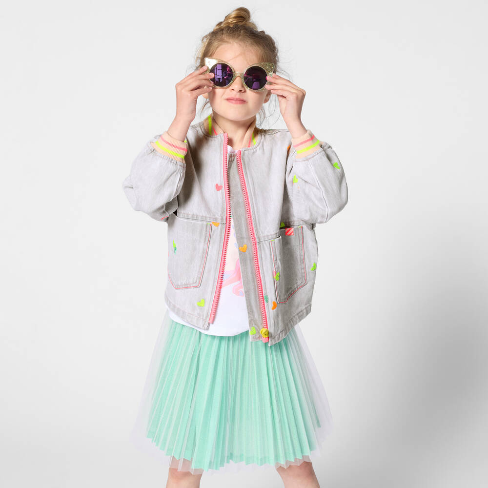 Billieblush-Girls Grey Bomber Jacket with Embroidered Hearts | Childrensalon