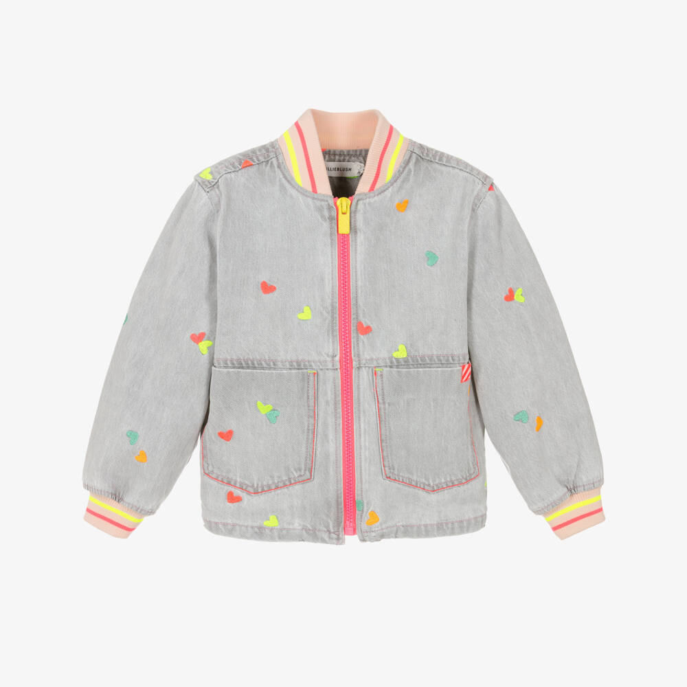 Billieblush-Girls Grey Bomber Jacket with Embroidered Hearts | Childrensalon