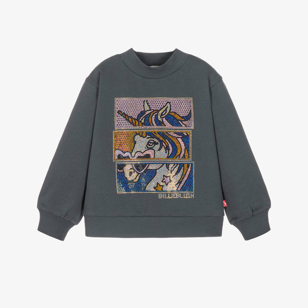 Billieblush-Girls Grey Cotton Sweatshirt with Diamanté Unicorn | Childrensalon