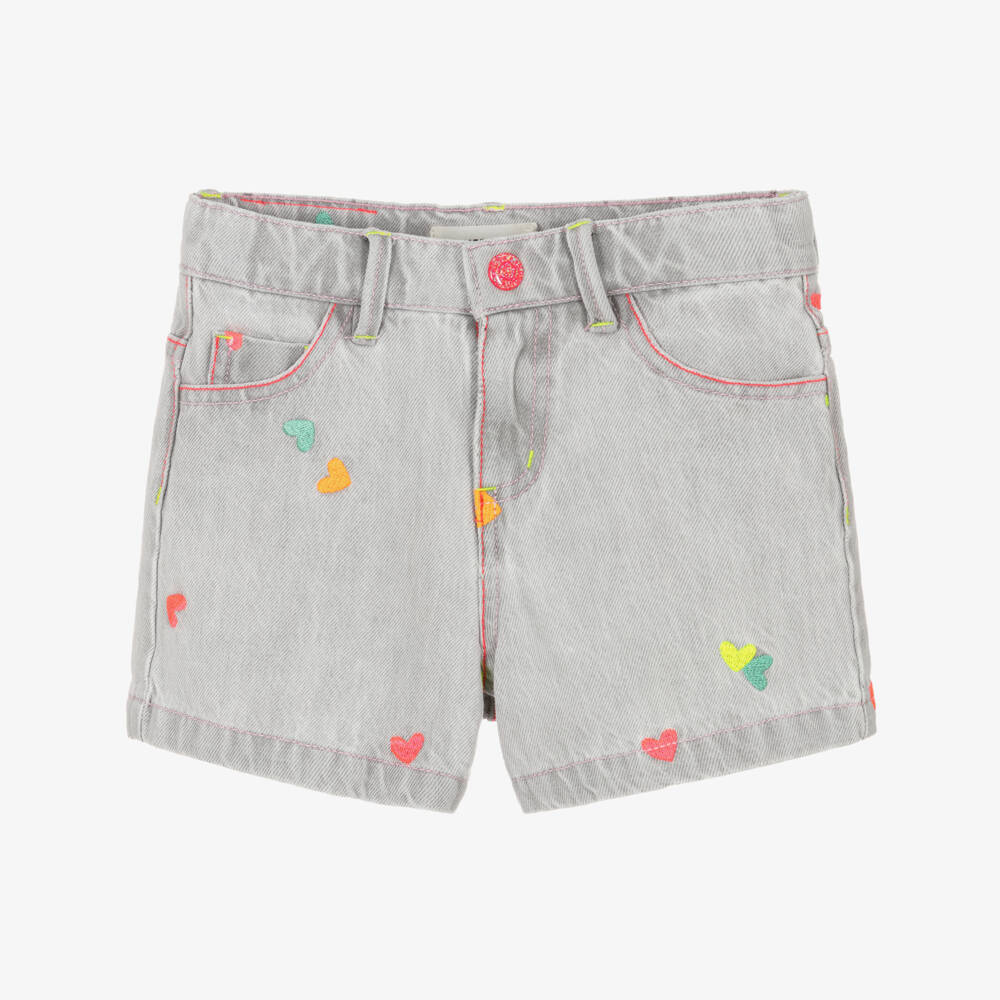 Billieblush-Girls Grey Denim Shorts with Embroidered Hearts | Childrensalon
